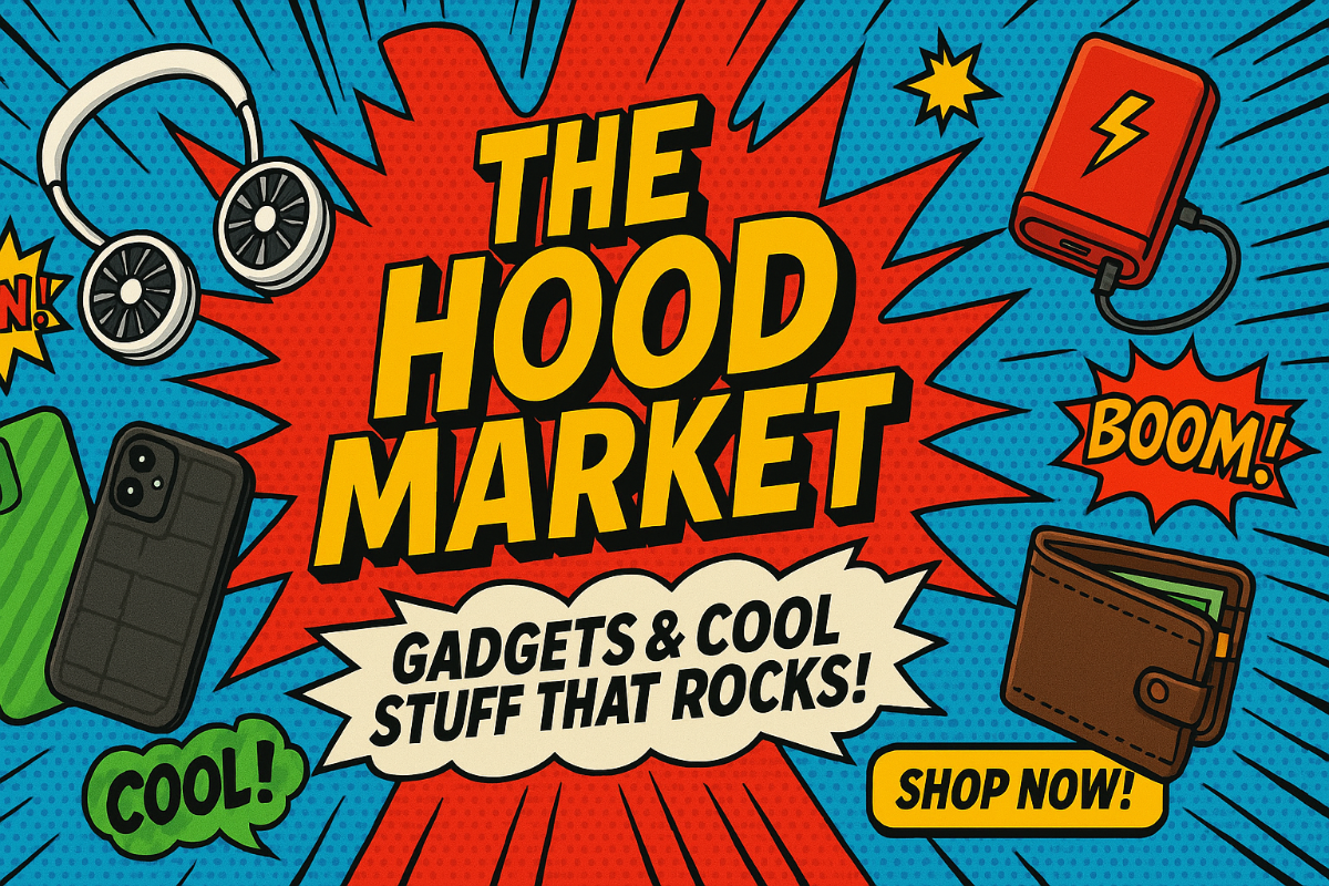 Comic-style homepage banner for The Hood Market